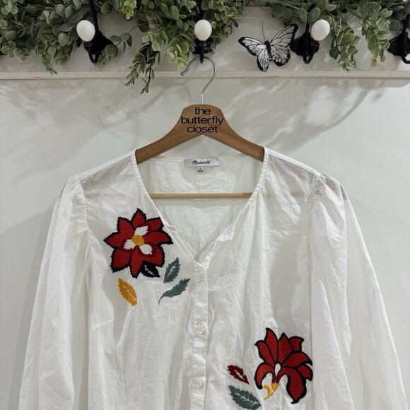 Madewell Embroidered Peplum Buttons Down Floral Top Row Back Pom Pom Small - Picture 4 of 5